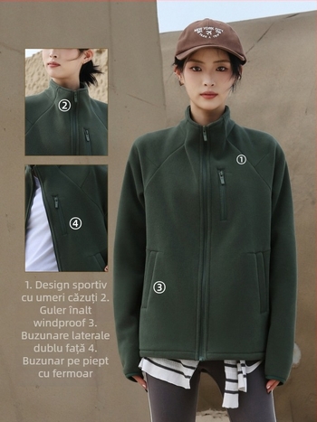 Geacă de fleece pentru femei, guler înalt, stil cardigan, culoare solidă, iarnă și toamnă