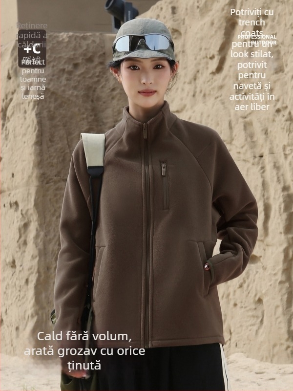 Geacă de fleece pentru femei, guler înalt, stil cardigan, culoare solidă, iarnă și toamnă