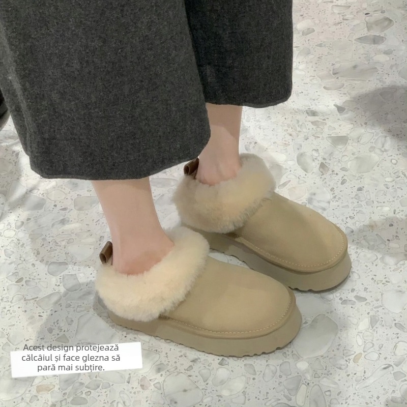 Cizme de iarnă pentru femei, din piele de vită, căptușite cu lână, talpă din cauciuc, talpă groasă, înălțimea tocurilor 3–5 cm, gleznă joasă, fără șireturi, culoare uni.