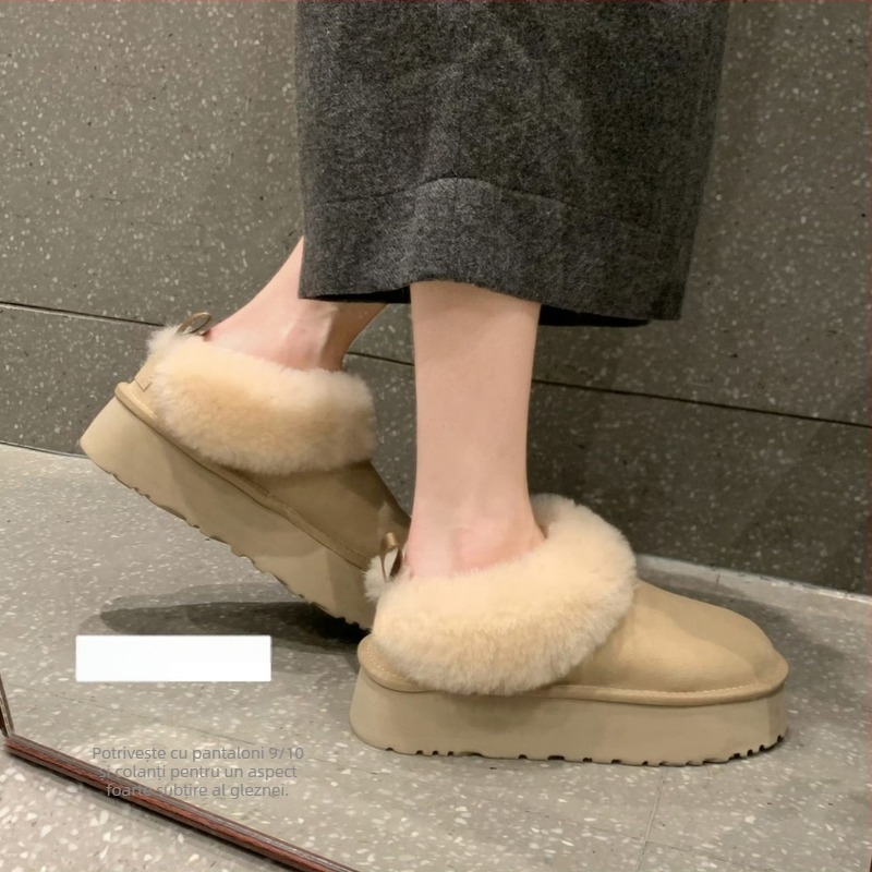 Cizme de iarnă pentru femei, din piele de vită, căptușite cu lână, talpă din cauciuc, talpă groasă, înălțimea tocurilor 3–5 cm, gleznă joasă, fără șireturi, culoare uni.