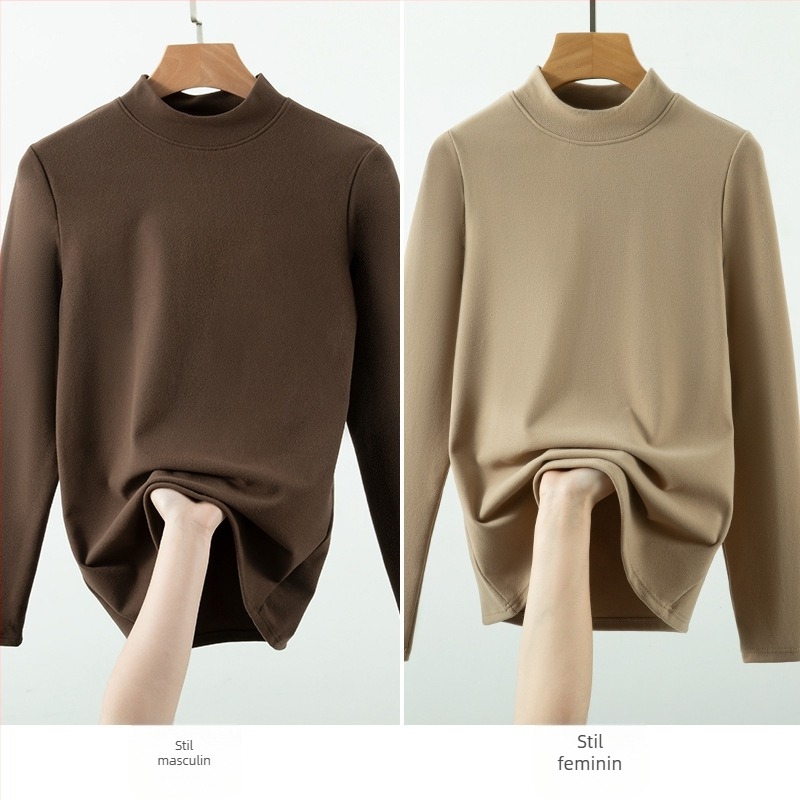 Tricou de bază pentru stratul de bază, cu guler semi-înalt, fleece catifelat pentru căldură, unisex, țesătură groasă 251–300 g/m², mâneci lungi