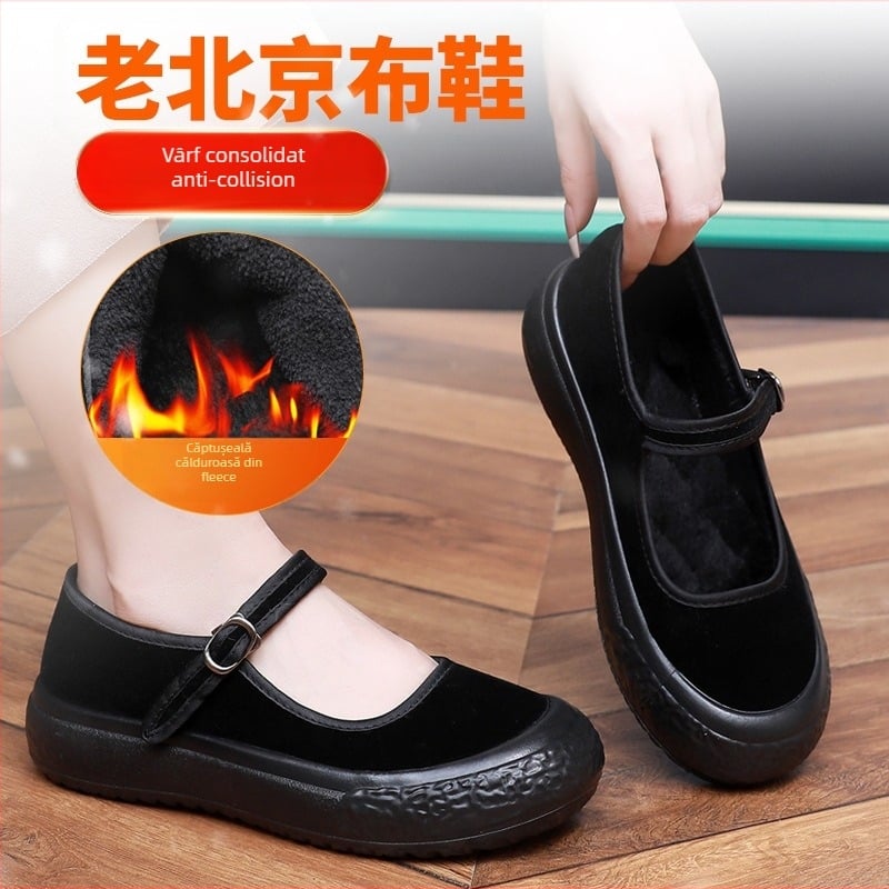 Pantofi de iarnă pentru femei, din material textil, căptușiți cu fleece, partea superioară din catifea moale, talpă PU, talpă joasă, închidere cu cataramă