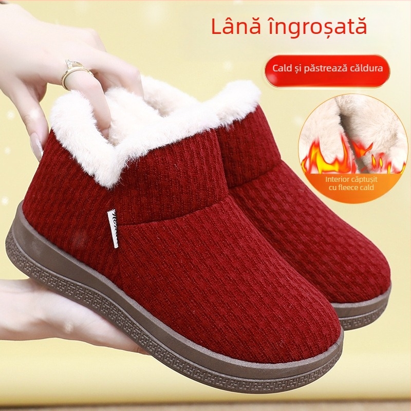 Pantofi de iarnă pentru femei, cu velur la partea superioară, căptuți cu blană artificială și talpă antiderapantă groasă