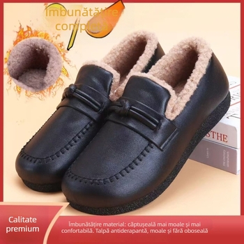 Pantofi de iarnă slip-on pentru femei, căptușeală din lână și cașmir, partea superioară din piele artificială, talpă PVC antiderapant