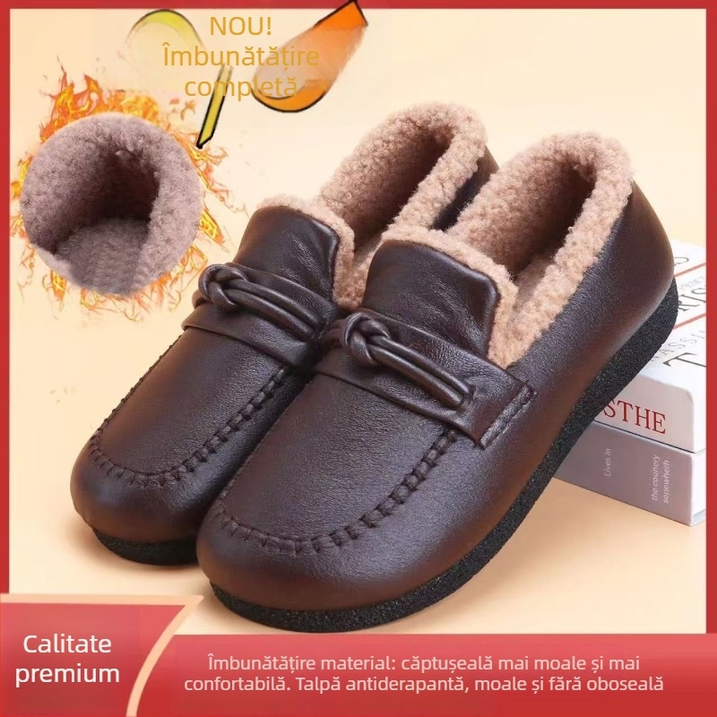 Pantofi de iarnă slip-on pentru femei, căptușeală din lână și cașmir, partea superioară din piele artificială, talpă PVC antiderapant