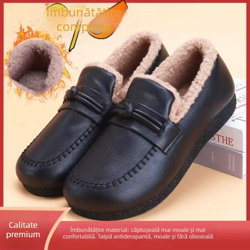 Pantofi de iarnă slip-on pentru femei, căptușeală din lână și cașmir, partea superioară din piele artificială, talpă PVC antiderapant