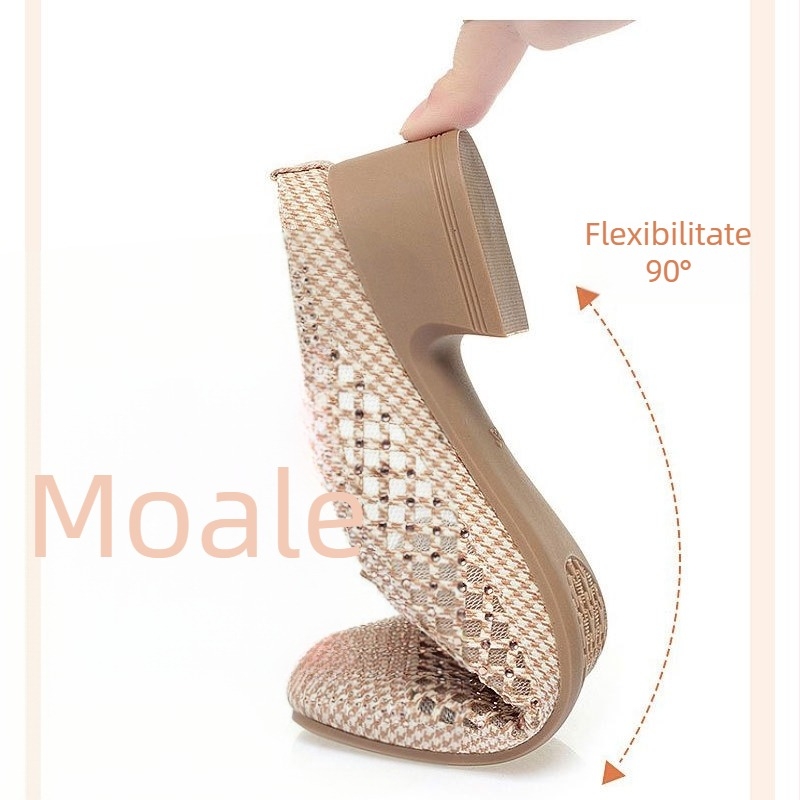 Papuci Baotou cu vârf rotund și design decupat; partea superioară din piele microfibră, talpă din cauciuc, respirante, talpă plată, grosimea talpă 0–3 cm