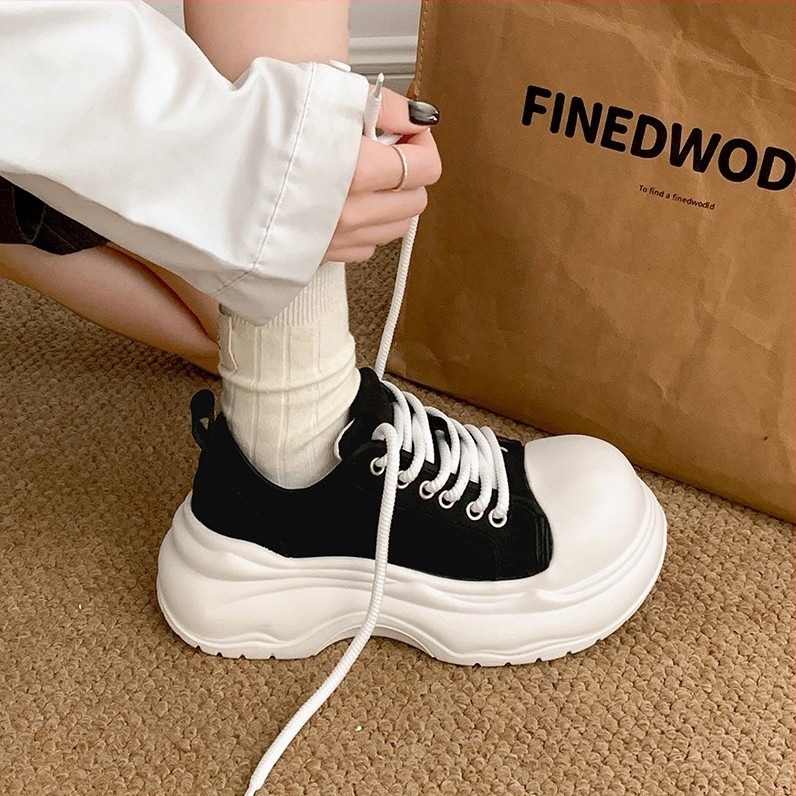 Adidași din pânză, vârf rotund, talpă groasă, gleznă joasă, branț PU respirabil