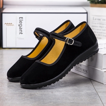 Pantofi dama din pânză lucrată manual, partea superioară din velur, talpă plată, închidere cu cataramă, respirabili pentru purtare zilnică