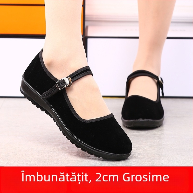 Pantofi dama din pânză lucrată manual, partea superioară din velur, talpă plată, închidere cu cataramă, respirabili pentru purtare zilnică