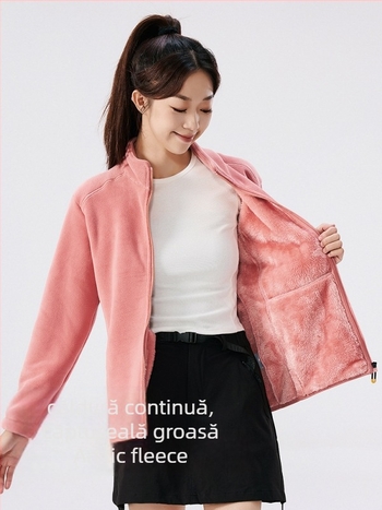 Jachetă fleece unisex cu glugă, material velur coral, caldă, guler înalt