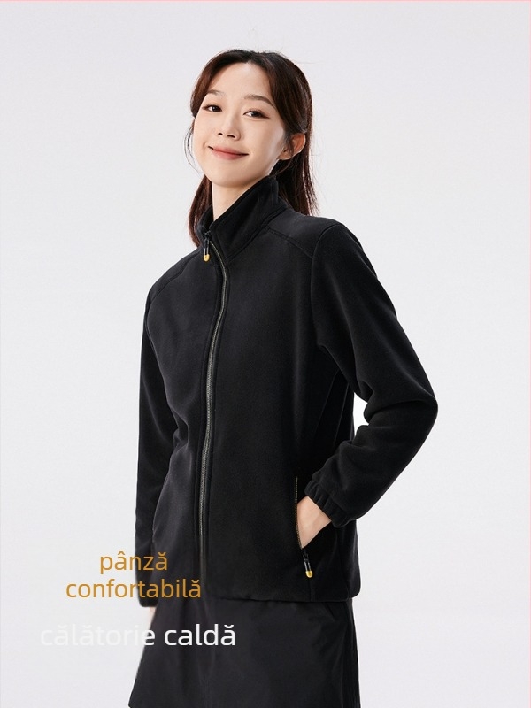 Jachetă fleece unisex cu glugă, material velur coral, caldă, guler înalt