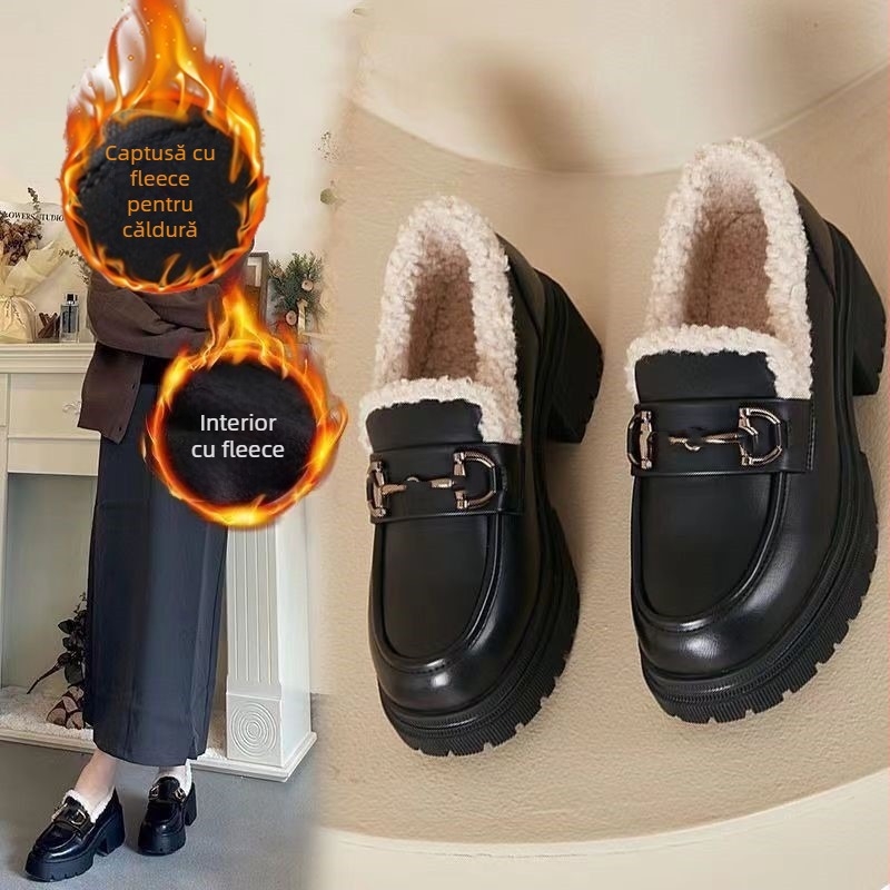 Loafers femei cu căptușeală din fleece - PU suprafața, talpă din cauciuc, toc gros de 3-5 cm, slip-on, pentru iarnă/toamnă