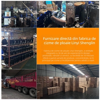 Cizme de ploaie de siguranță, partea superioară din PVC, înălțime medie, vârf rotund, toc 3–5 cm, antiderapante și rezistente la uzură.