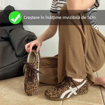 Pantofi sport cu toc ascuns din velur, imprimeu leopard, șireturi, talpă din cauciuc, înălțime toc 3-5 cm