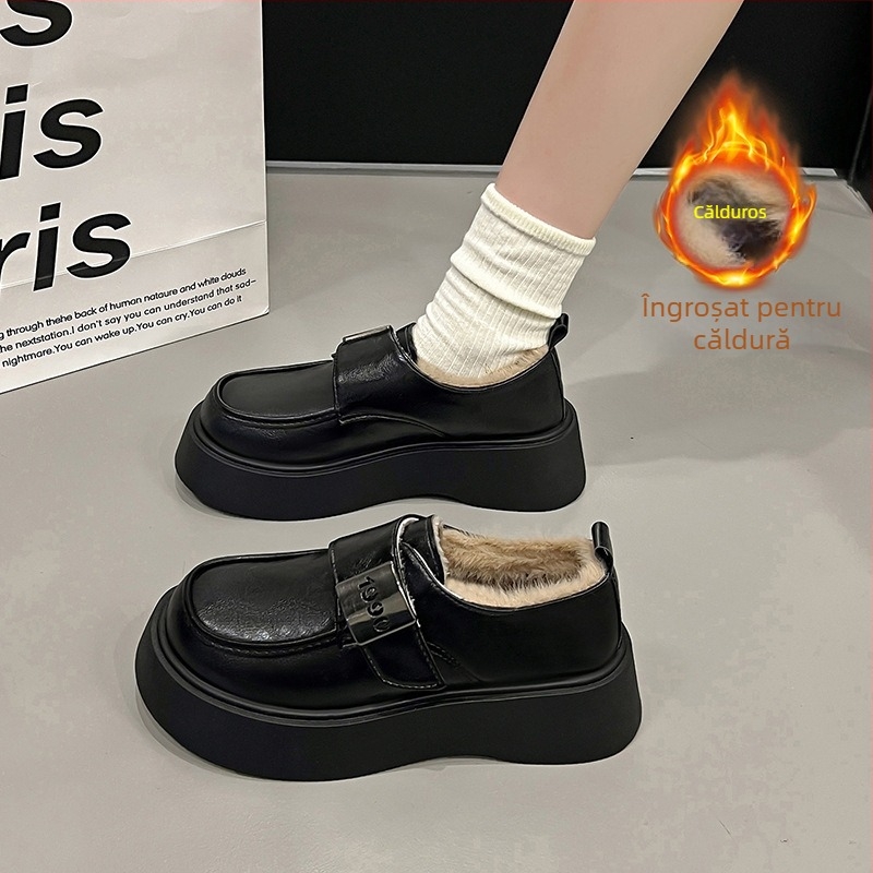 Loafers din fibră super, vârf rotund, talpă cu platformă, toc mediu 3–5 cm, închidere Kick