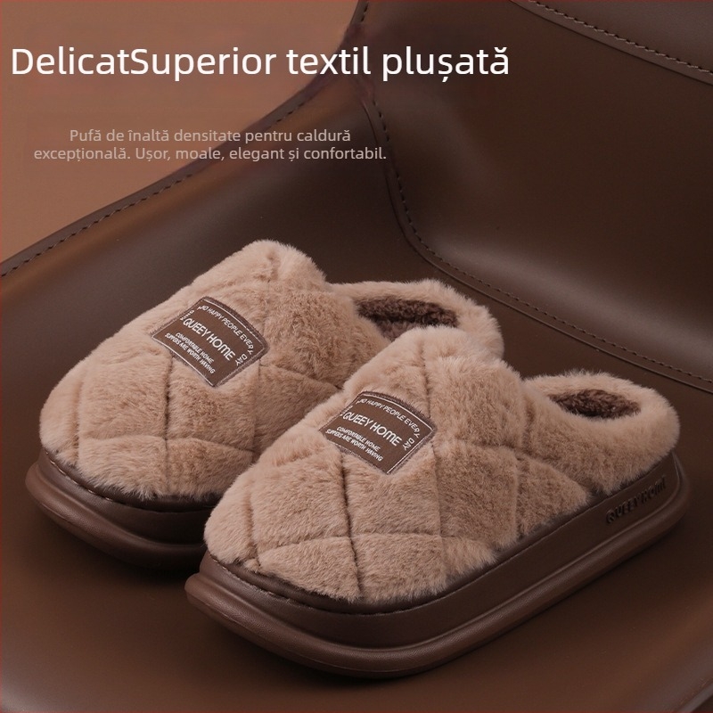 Papuci de casă pentru femei, cu exterior din piele întoarsă, căptuți cu blană artificială, talpă EVA anti-alunecare, talpă groasă 3–5 cm, pentru uz interior