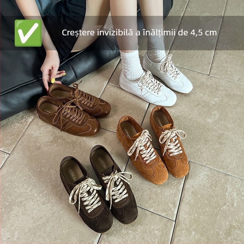 Adidași pentru femei cu toc ascuns, partea superioară din velur, vârf rotund, șireturi, talpă din cauciuc, înălțime 3-5 cm