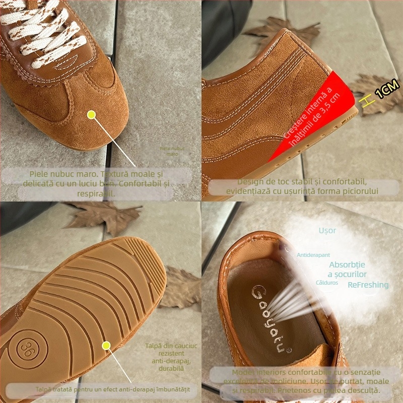 Adidași pentru femei cu toc ascuns, partea superioară din velur, vârf rotund, șireturi, talpă din cauciuc, înălțime 3-5 cm