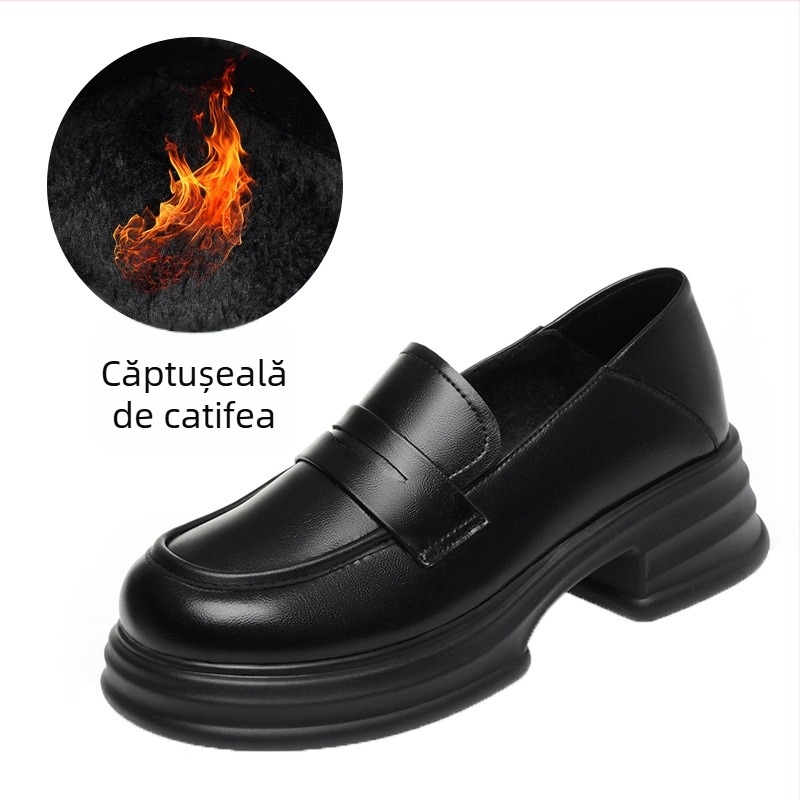 Loafers pentru femei cu vârf rotund, partea superioară din PU, toc mediu 3-5 cm, talpă EVA