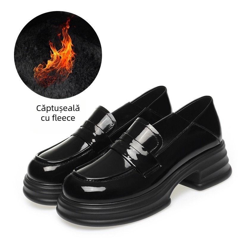 Loafers pentru femei cu vârf rotund, partea superioară din PU, toc mediu 3-5 cm, talpă EVA