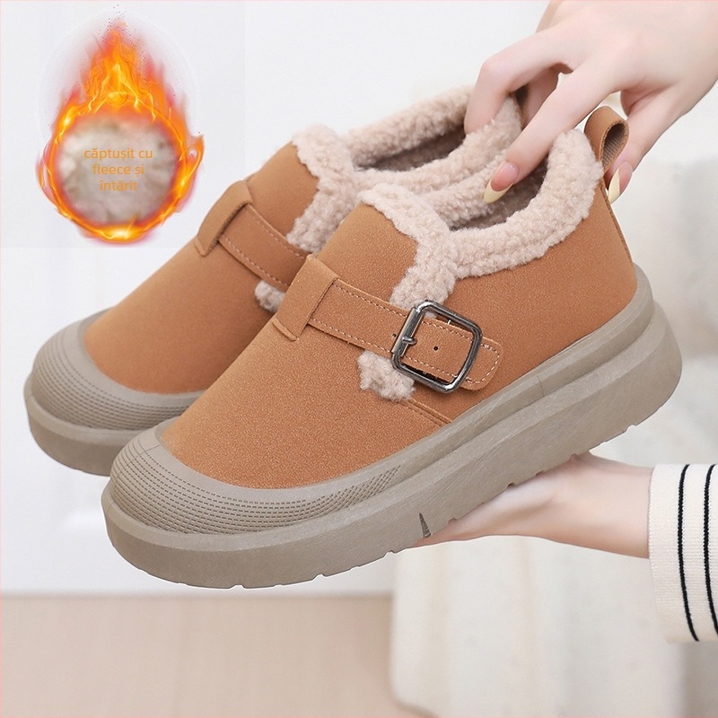 Loaferi de iarnă pentru femei, căptușeală din pluș, partea superioară din material textil, talpă PVC, anti-derapant, toc mediu 3-5 cm