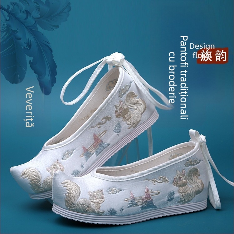 Încălțăminte Hanfu pentru femei, creștere internă a înălțimii, stil Ming, țesătură brodată veche cu flori, partea superioară microfibră, vârf ascuțit, înălțime mare, toc conic 6–8 cm