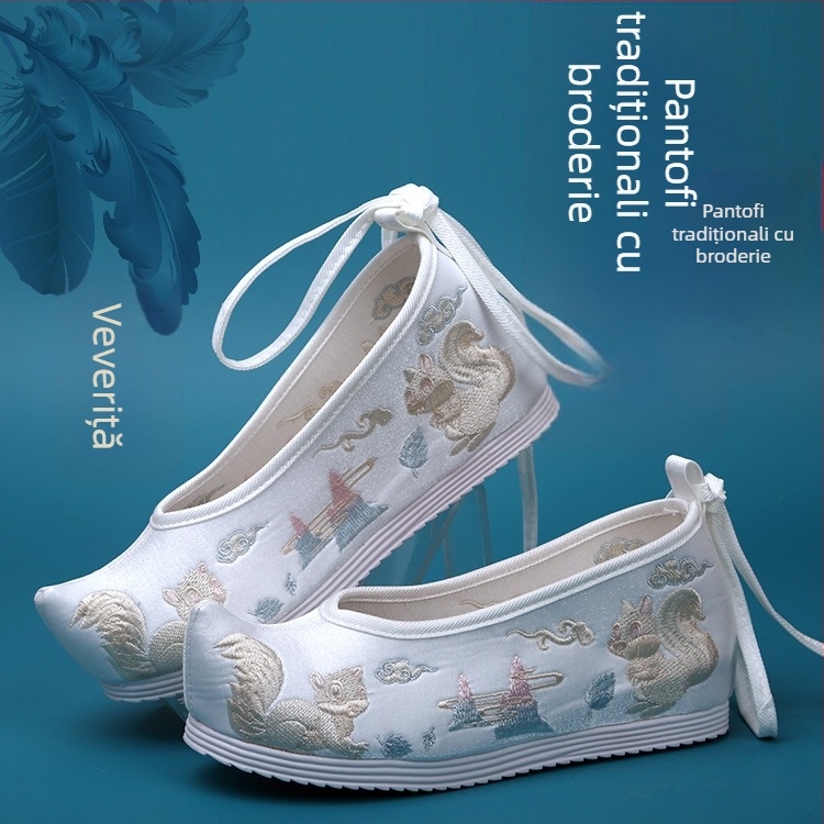 Încălțăminte Hanfu pentru femei, creștere internă a înălțimii, stil Ming, țesătură brodată veche cu flori, partea superioară microfibră, vârf ascuțit, înălțime mare, toc conic 6–8 cm