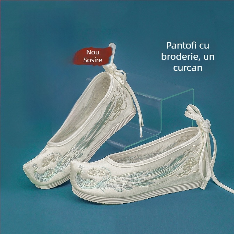 Încălțăminte Hanfu pentru femei, creștere internă a înălțimii, stil Ming, țesătură brodată veche cu flori, partea superioară microfibră, vârf ascuțit, înălțime mare, toc conic 6–8 cm