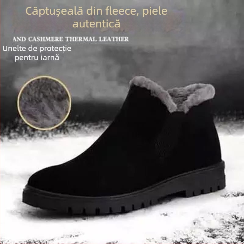 Ghete de iarnă pentru bărbați — partea superioară din piele naturală nubuk cu finisaj mat, impermeabile, talpă din cauciuc antiderapant, căptuțe moi din pluș