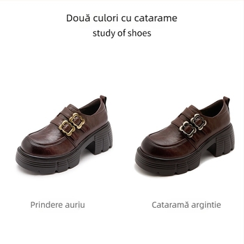 Pantofi dama din piele cu talpă groasă, stil retro, vârf rotund, toc de 6–8 cm, închidere Velcro, talpă EVA