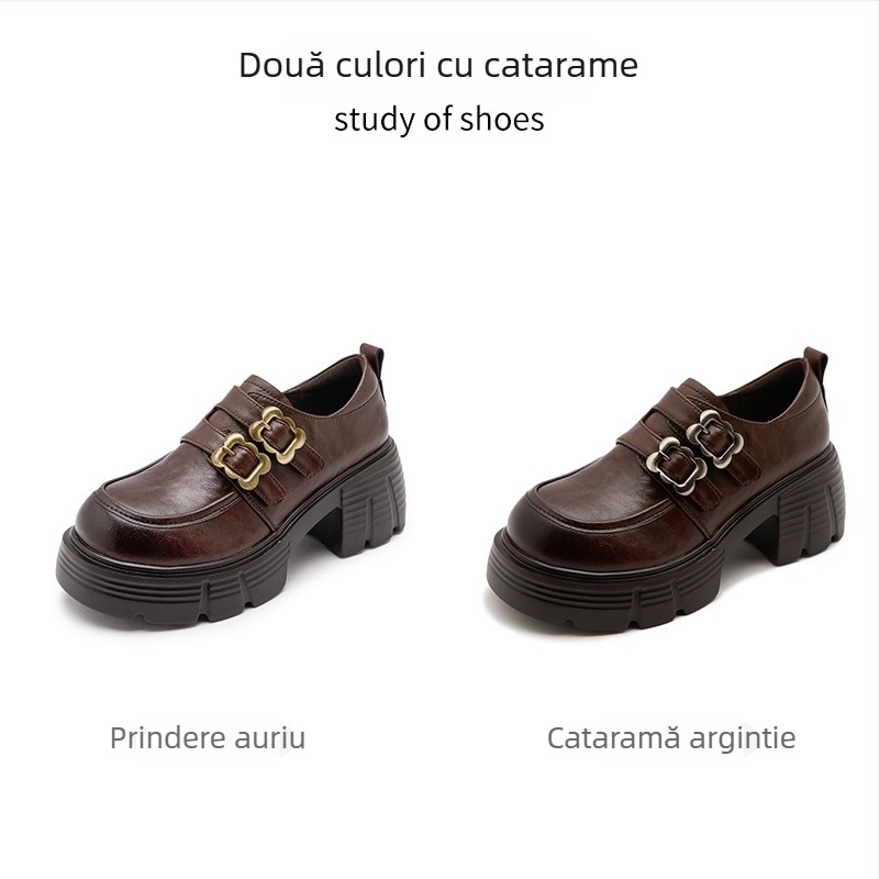 Pantofi dama din piele cu talpă groasă, stil retro, vârf rotund, toc de 6–8 cm, închidere Velcro, talpă EVA