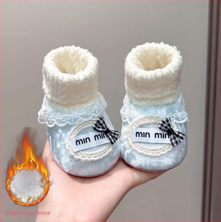 Pantofi-șosete pentru bebeluși, 6–12 luni, talpă moale antiaderentă, căptușeală fleece, partea superioară din velur, imprimeu cu desene pentru fete, iarnă primăvară toamnă