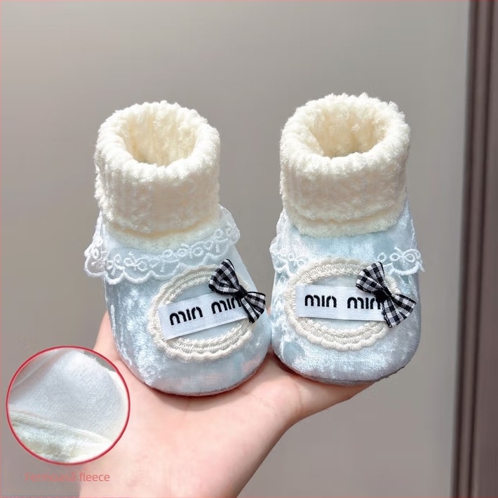 Pantofi-șosete pentru bebeluși, 6–12 luni, talpă moale antiaderentă, căptușeală fleece, partea superioară din velur, imprimeu cu desene pentru fete, iarnă primăvară toamnă