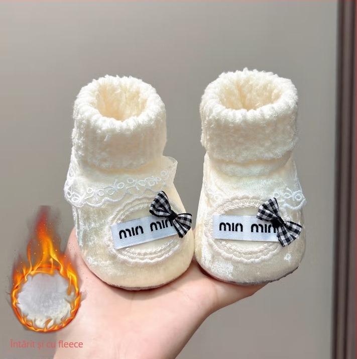 Pantofi-șosete pentru bebeluși, 6–12 luni, talpă moale antiaderentă, căptușeală fleece, partea superioară din velur, imprimeu cu desene pentru fete, iarnă primăvară toamnă