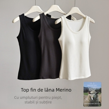 Vesta din lână Merino fără mâneci, cu guler rotund, pentru toamnă–iarna (Material principal: lână Merino; Sezon: toamnă-iarnă; Guler: rotund; Grosime: moderată 181-200 g/m²)