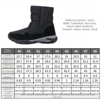 Cizme de zăpadă bărbați - partea superioară din nylon 600D, talpă din cauciuc antiaderent, căptușeală din pluș sintetic, închidere Velcro, toc jos 1–3 cm, pentru iarnă