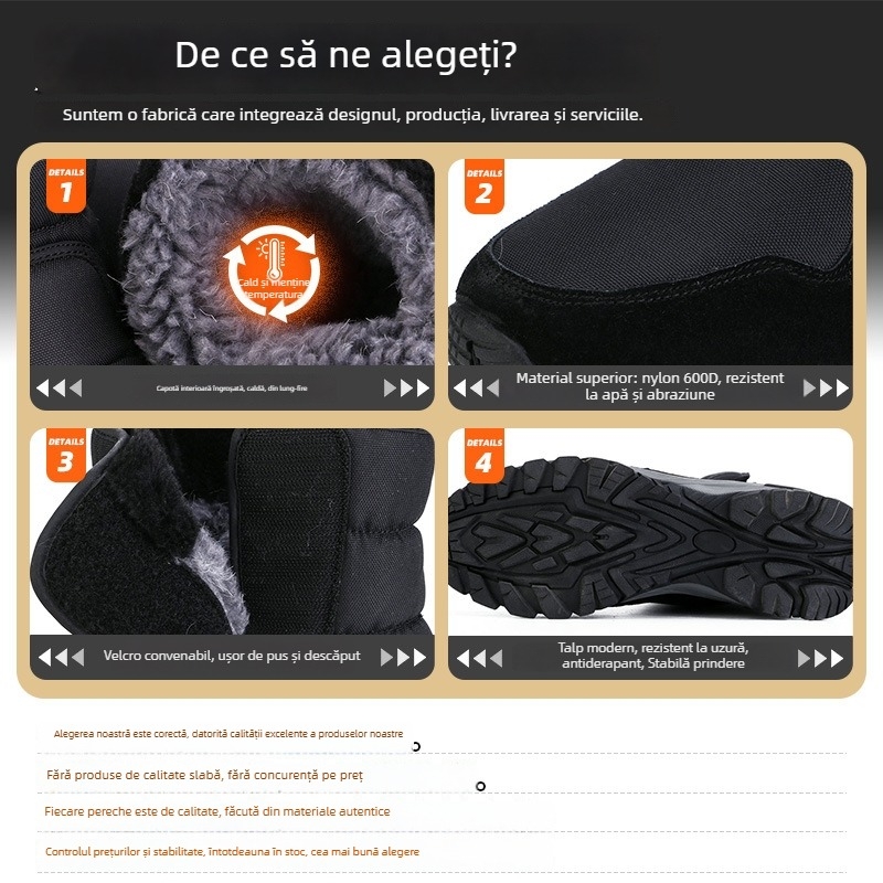 Cizme de zăpadă bărbați - partea superioară din nylon 600D, talpă din cauciuc antiaderent, căptușeală din pluș sintetic, închidere Velcro, toc jos 1–3 cm, pentru iarnă