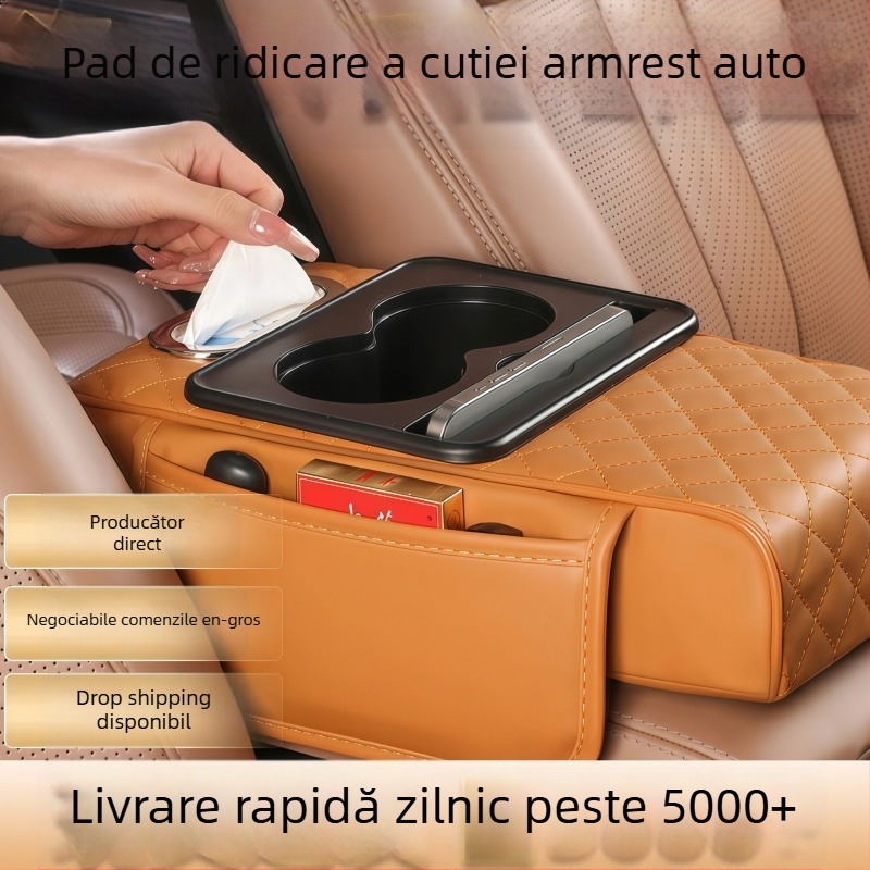 Pernă de înălțare pentru cotul din mașină cu buzunar de depozitare și cutie de șervețete — Universal, Piele, Fast too