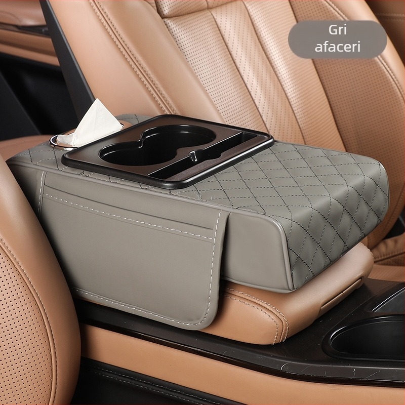 Pernă de înălțare pentru cotul din mașină cu buzunar de depozitare și cutie de șervețete — Universal, Piele, Fast too