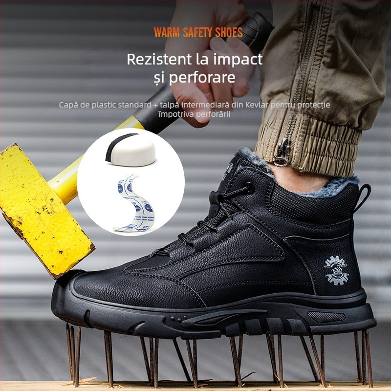 Pantofi de lucru de siguranță, înalți, cu căptușeală din fleece – antișoc, anti-perforație, anti-derapare, rezistenți la uzură, protecție din plastic la vârf