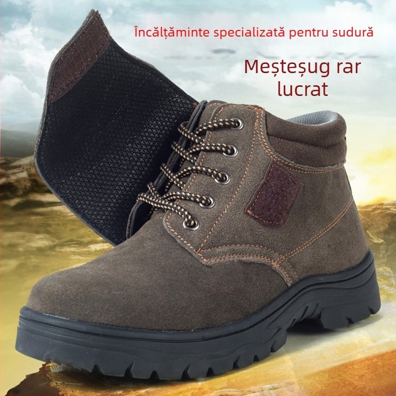Încălțăminte de protecție pentru sudură: anti-șoc și anti-perforație, material velur invers, vârf din oțel, înălțime medie.
