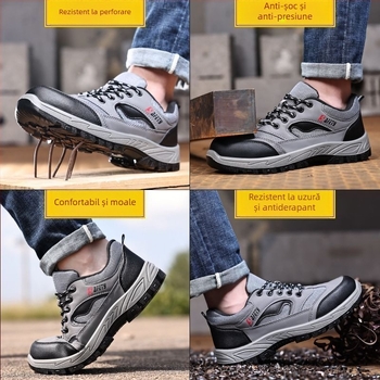 Pantofi de protecție pentru muncă cu vârf metalic; piele microfibră + pânză; talie joasă; antișoc și anti-perforație; respirabili; potriviți pentru șantiere, depozite și drumeții
