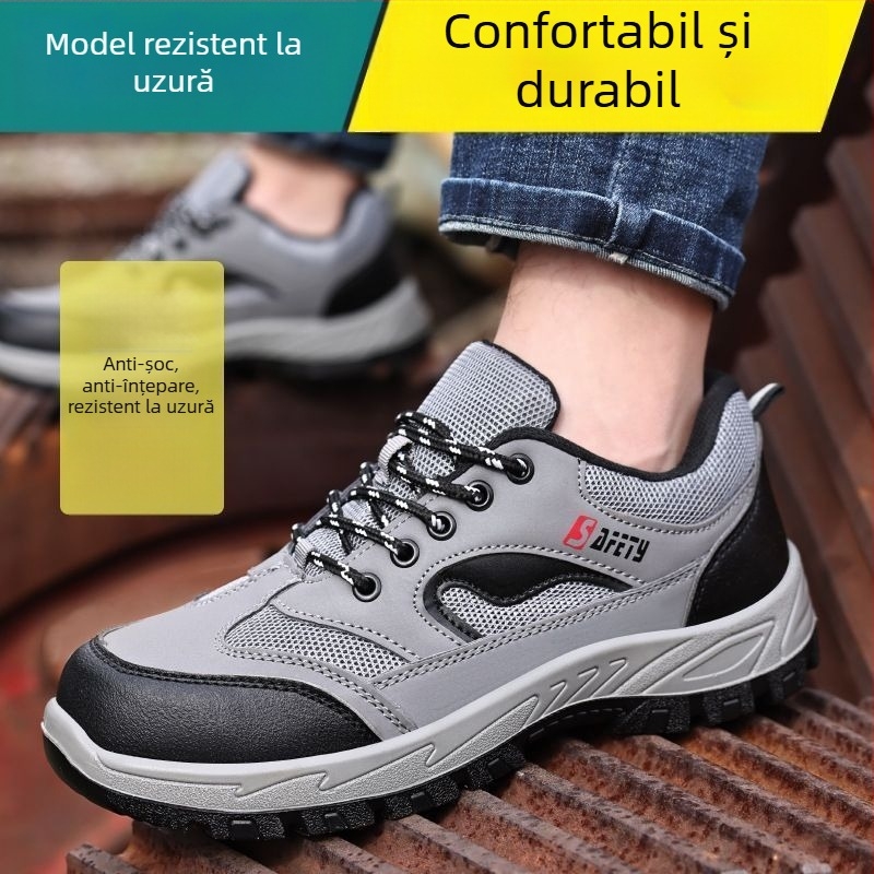 Pantofi de protecție pentru muncă cu vârf metalic; piele microfibră + pânză; talie joasă; antișoc și anti-perforație; respirabili; potriviți pentru șantiere, depozite și drumeții