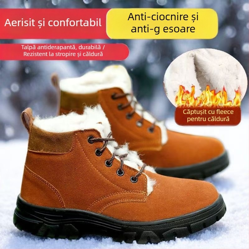 Cizme de iarnă bărbați din piele de vițel, căptușite cu lână, talpă din cauciuc antiderapantă, toc în formă de pană, vârf rotund