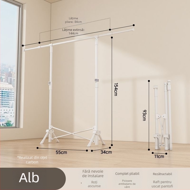 Uscător de haine pe podea, telescopic, mobil și pliabil, din oțel inoxidabil, pentru balcon, casă sau cămin, model 7845756785
