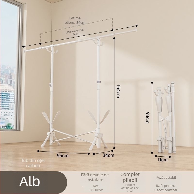 Uscător de haine pe podea, telescopic, mobil și pliabil, din oțel inoxidabil, pentru balcon, casă sau cămin, model 7845756785