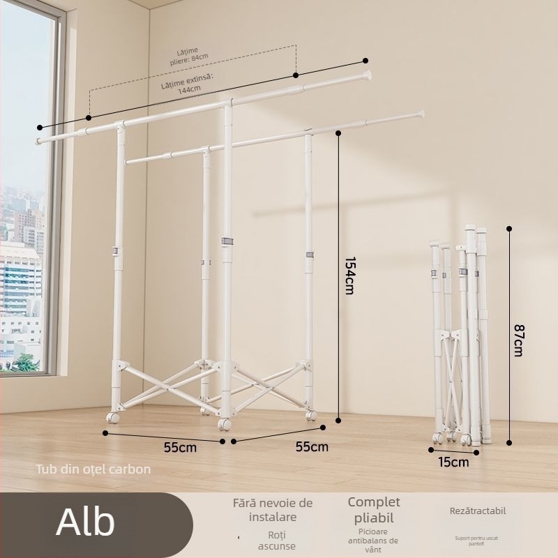 Uscător de haine pe podea, telescopic, mobil și pliabil, din oțel inoxidabil, pentru balcon, casă sau cămin, model 7845756785