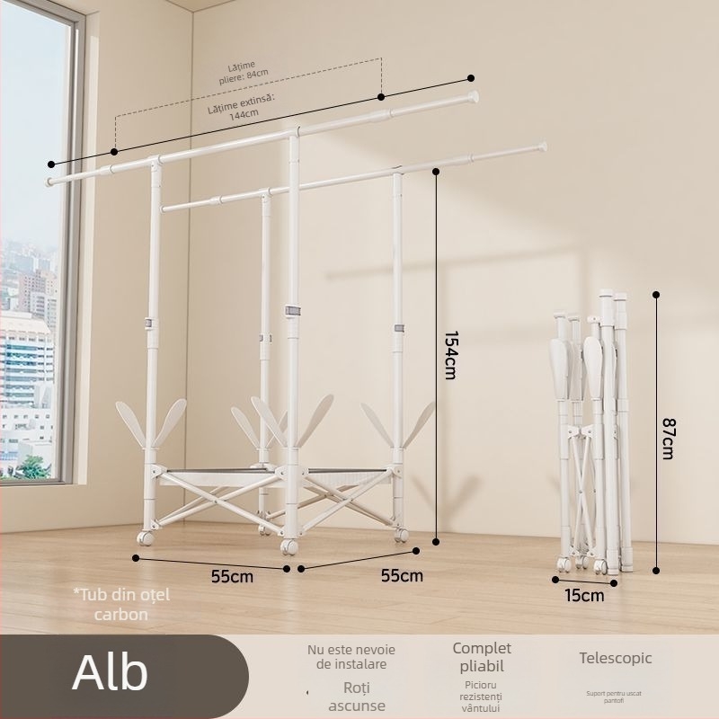 Uscător de haine pe podea, telescopic, mobil și pliabil, din oțel inoxidabil, pentru balcon, casă sau cămin, model 7845756785