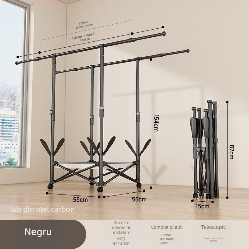 Uscător de haine pe podea, telescopic, mobil și pliabil, din oțel inoxidabil, pentru balcon, casă sau cămin, model 7845756785